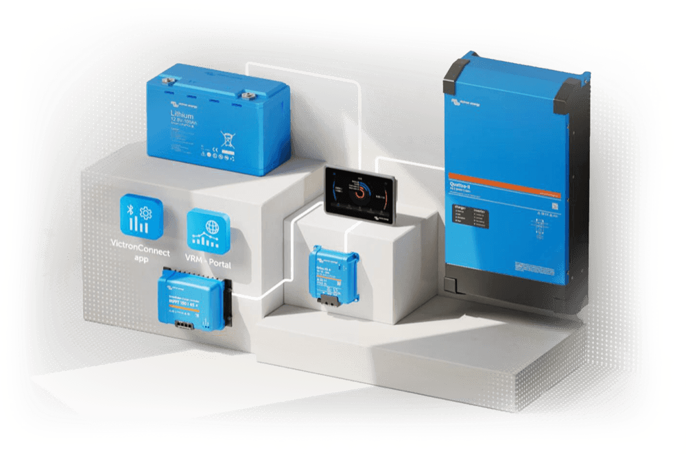 Inverter/caricabatterie, batterie, MPPT e dispositivi di monitoraggio Victron disposti insieme
