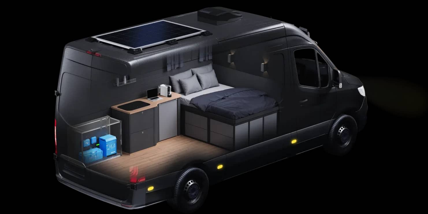 Vista spaccata di un camper che mostra il suo sistema di alimentazione Victron completo
